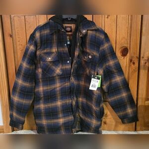 Mens Dickies Black/Navy Blue/Tan Plaid Flannel Insulated Jacket with hood-Sz Med